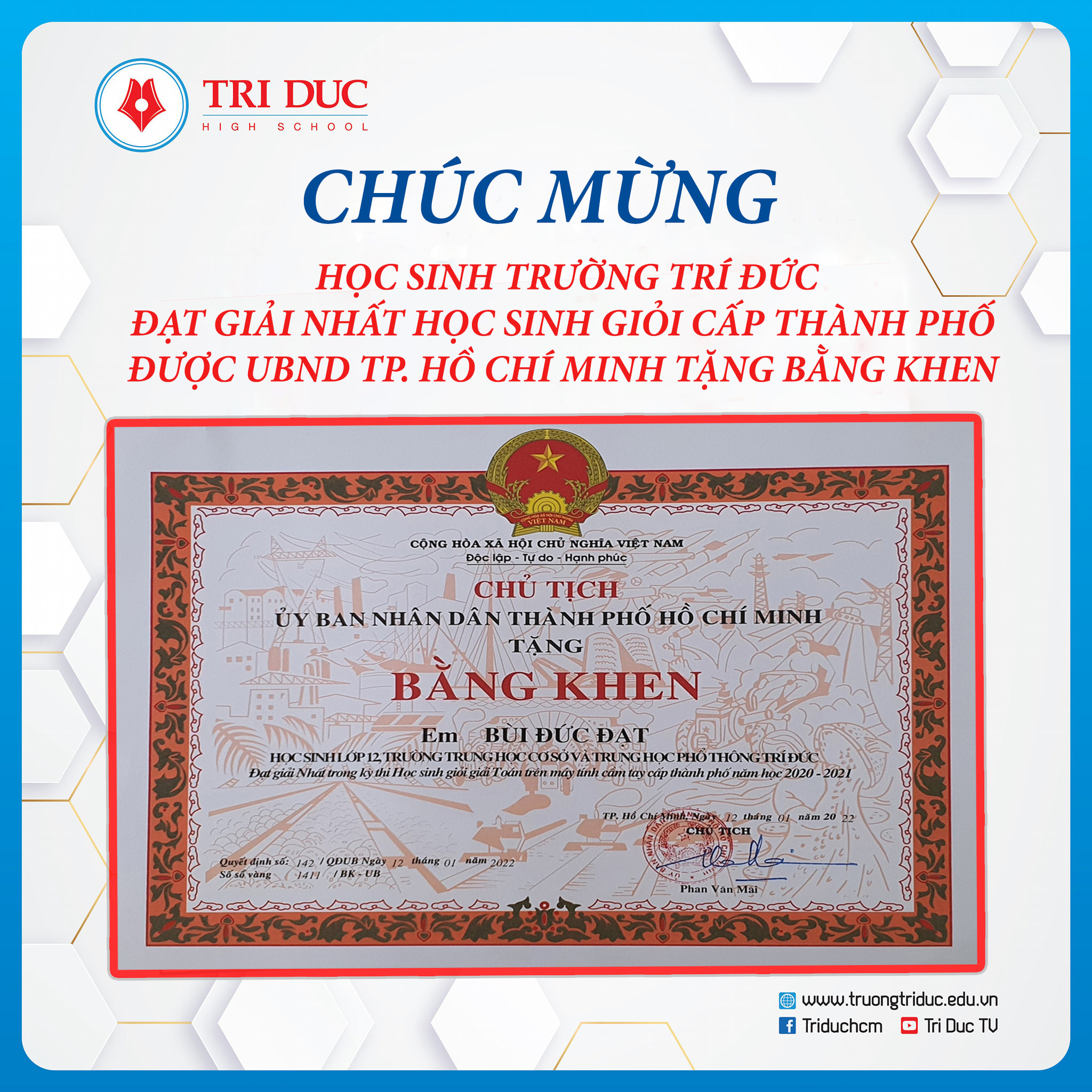 CHÚC MỪNG HỌC SINH TRÍ ĐỨC ĐẠT GIẢI NHẤT HỌC SINH GIỎI CẤP THÀNH PHỐ ĐƯỢC UBND TP. HỒ CHÍ MINH TRAO TẶNG BẰNG KHEN