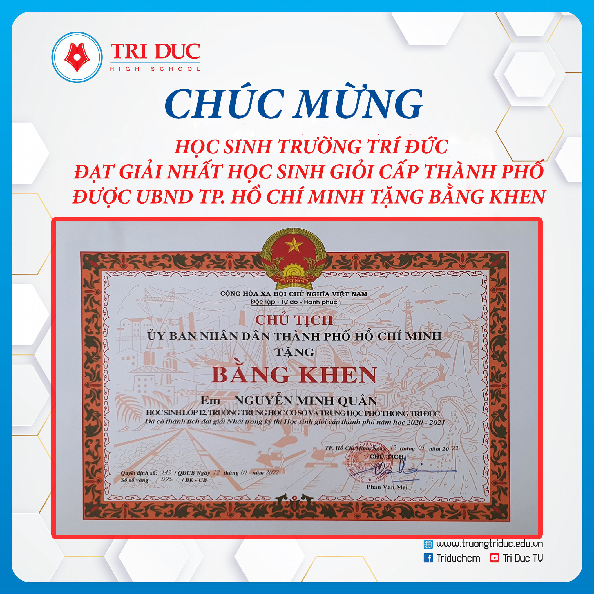CHÚC MỪNG HỌC SINH TRÍ ĐỨC ĐẠT GIẢI NHẤT HỌC SINH GIỎI CẤP THÀNH PHỐ ĐƯỢC UBND TP. HỒ CHÍ MINH TRAO TẶNG BẰNG KHEN