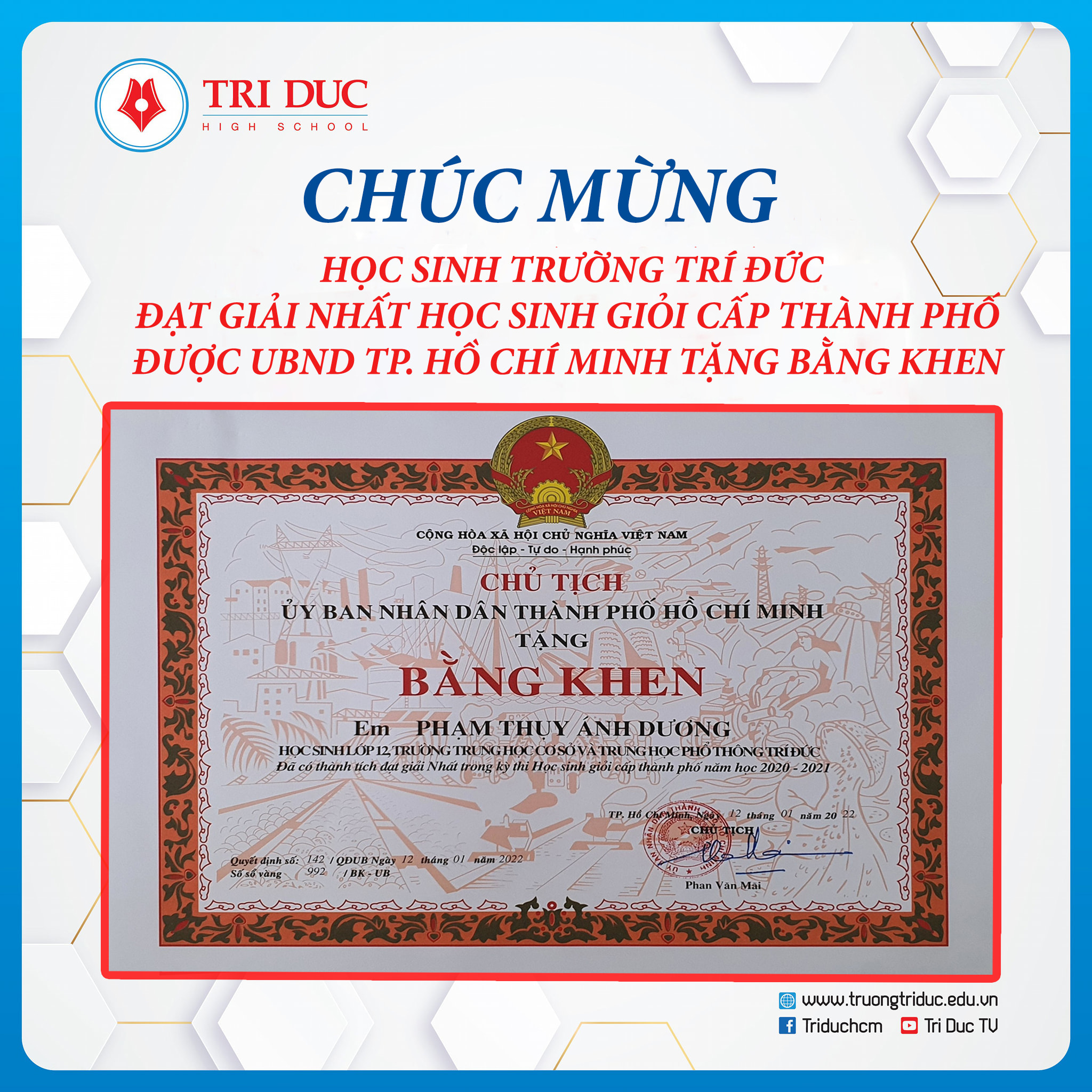 CHÚC MỪNG HỌC SINH TRÍ ĐỨC ĐẠT GIẢI NHẤT HỌC SINH GIỎI CẤP THÀNH PHỐ ĐƯỢC UBND TP. HỒ CHÍ MINH TRAO TẶNG BẰNG KHEN